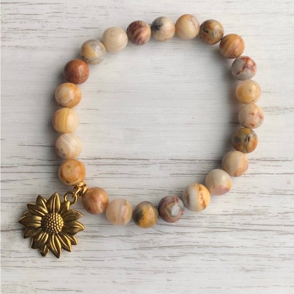 Beaded gemstone sunflower charm bracelet